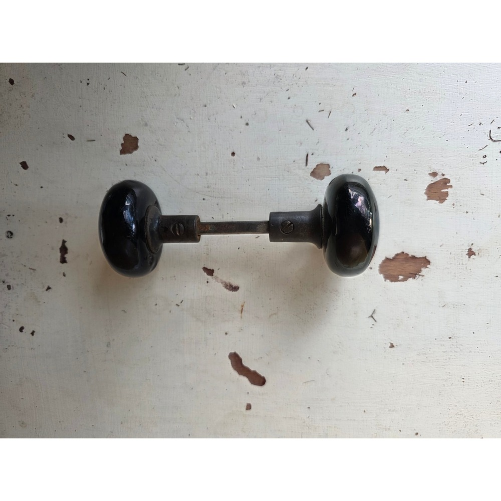 Vintage Black Porcelain Victorian Door Knob Set with Spindle & Hardware